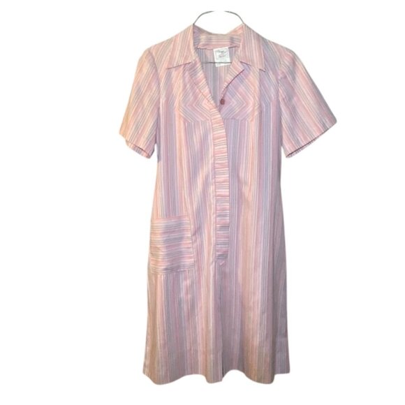 Vintage Striped Shirt Dress 12 1/2 Short Sleeve Pink Blue USA Made Modest - Picture 2 of 9
